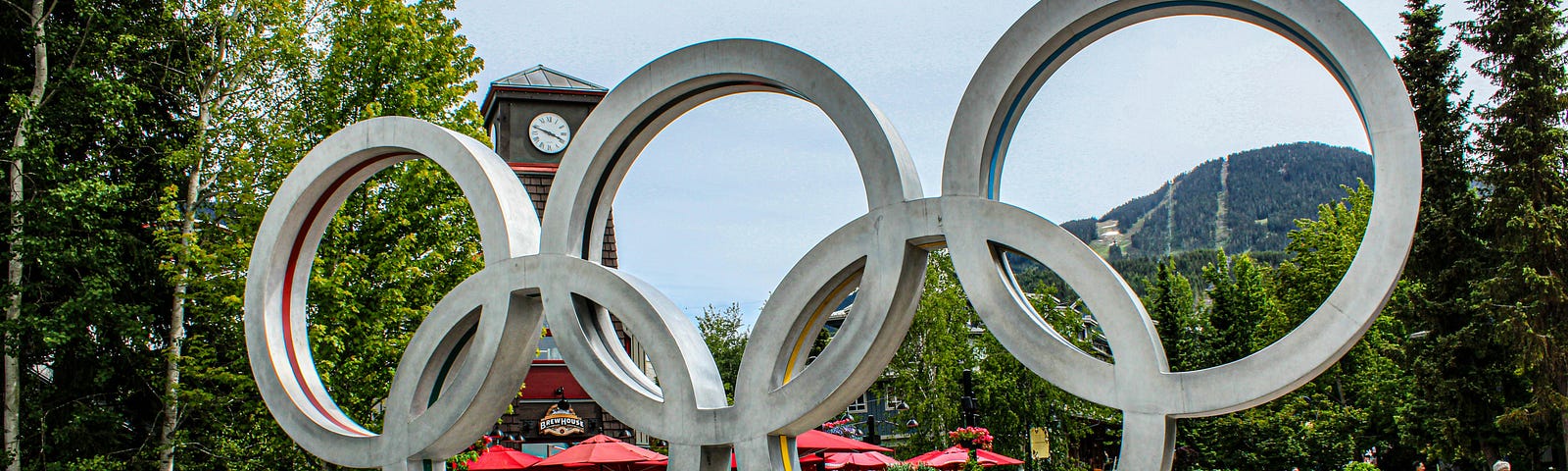 The famous six circles of the Olympics sits proudly on a structure in Whistler, Canada.