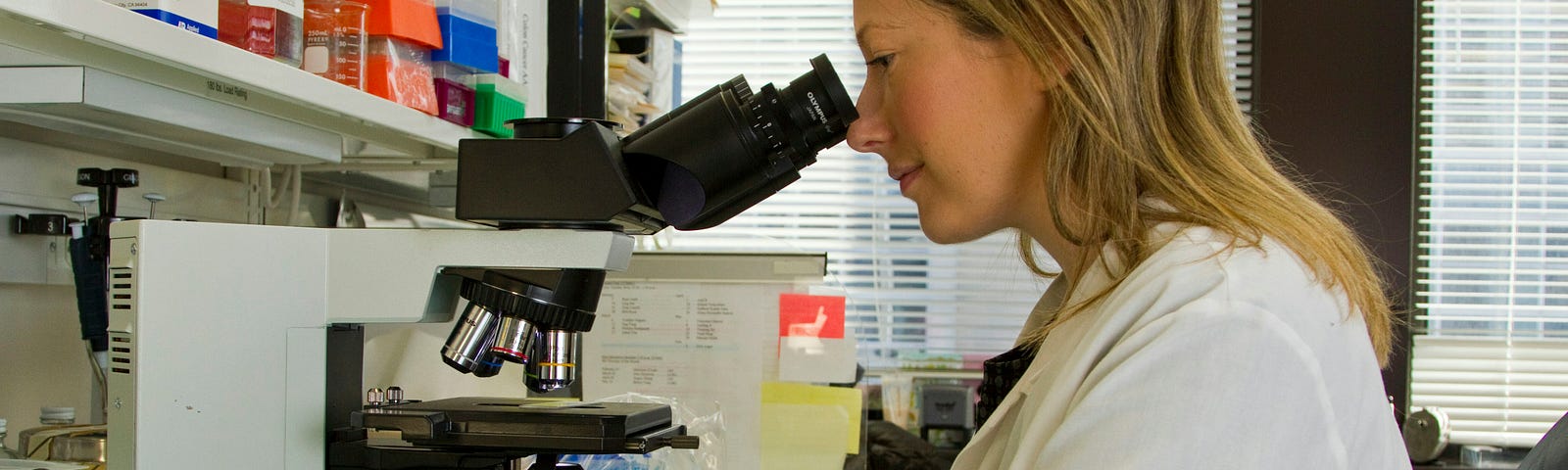 Woman examining lab sample under a microscope