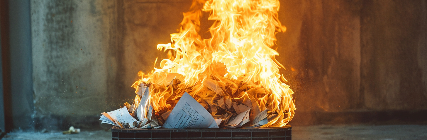 a pile of burning papers