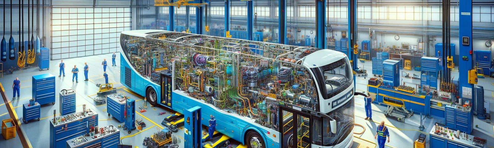ChatGPT & DALL-E generated panoramic illustration that visualizes a hydrogen fuel cell bus, partially disassembled, within a bus maintenance depot.