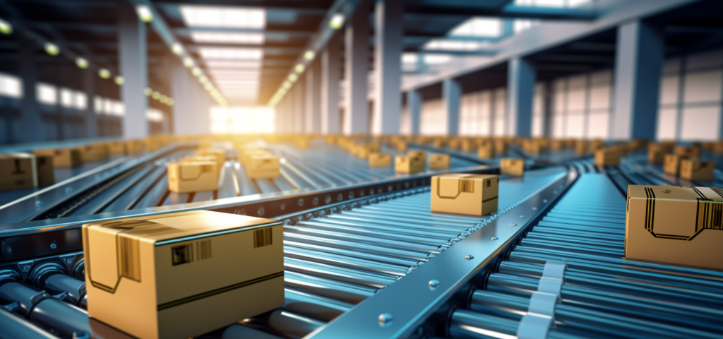 Boxes and products racing down optimized routes on automated conveyor belts.