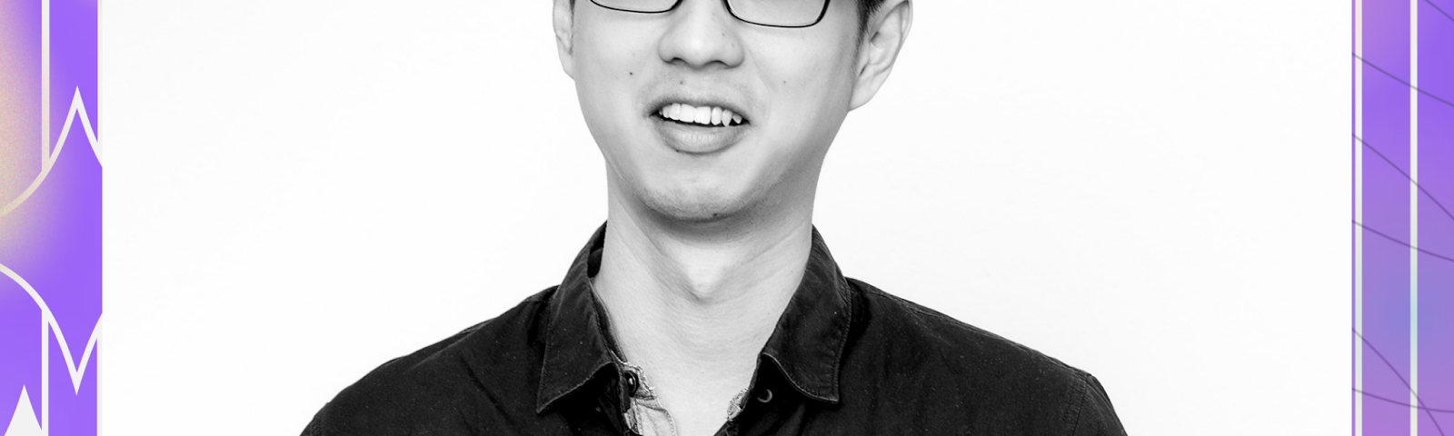 Black and white photo of a man, wearing glasses, and looking towards the top left corner. The background features a purple border with an orange corner, within which the phrase “P5.js Mentor Kenneth Lim” is written at the bottom right. The phrase and image is surrounded by ethereal design details, which give the impression of shimmering stars. The purple Processing Foundation logo sits at the top left corner of the graphic.