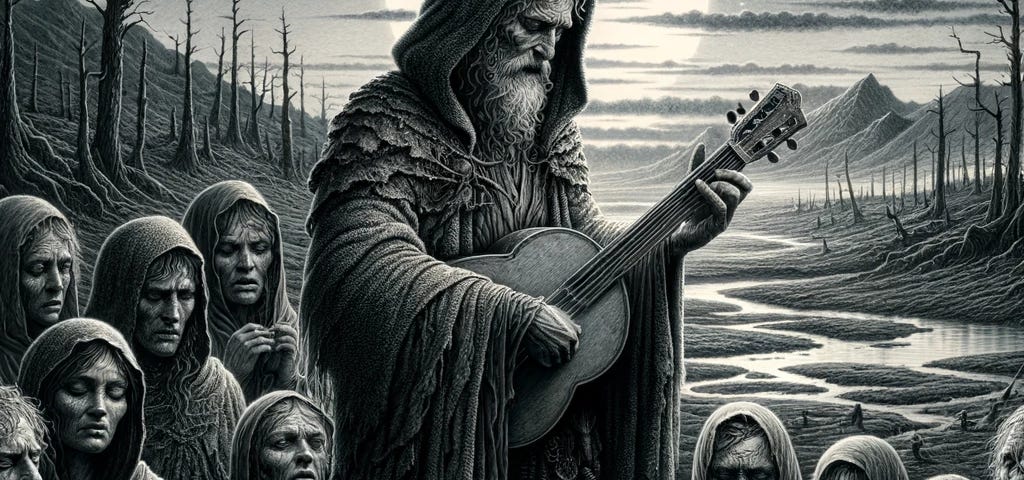 Solemn bard on desolate ground at dusk, playing amidst world’s ruin, with distinct, emotional faces reflecting despair, resilience, and hope against a backdrop of decay.