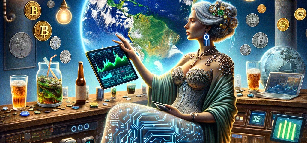 Mother Earth at a futuristic bar, holding a digital tablet with stock and cryptocurrency trends, surrounded by ancient to futuristic currencies, with technology and finance elements from different eras.