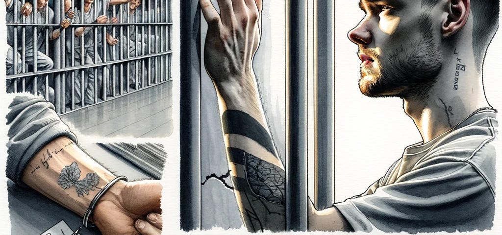 Detailed hyper-realistic scene of Liam in a prison, staring at cracked grey walls with a tattoo on his wrist and opening a letter. Later, meeting Emily at a café, symbolising hope and new beginnings.