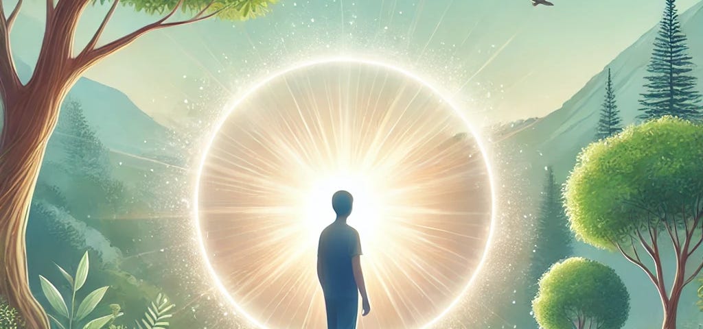 A boy seeing the world through the lens of the sacred, represented by a beam of light. He’s surrounded by nature and animals. The texture of the picture is really soft representing the peacefulness of the sacred