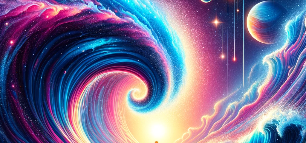 vibrant movie poster capturing the theme ‘Gravity: The Wake of Time’s Wave,’ featuring cosmic elements, stars, galaxies, and a silhouette gazing upward in awe, styled in the spirit of Amblin Entertainment.