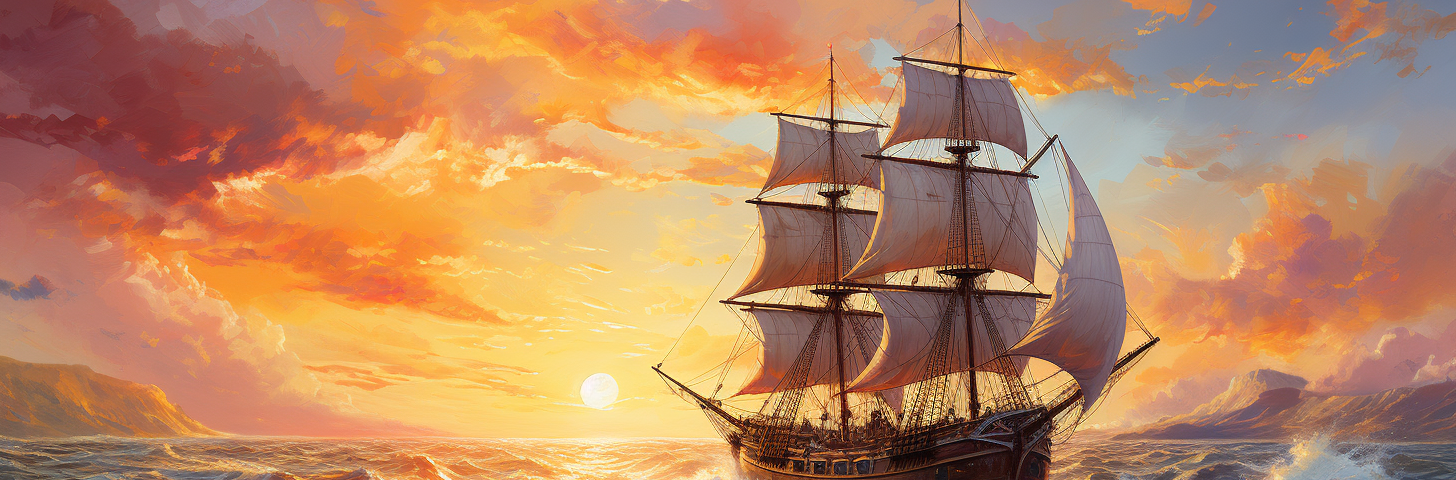 Large, old ship sailing in the sunset