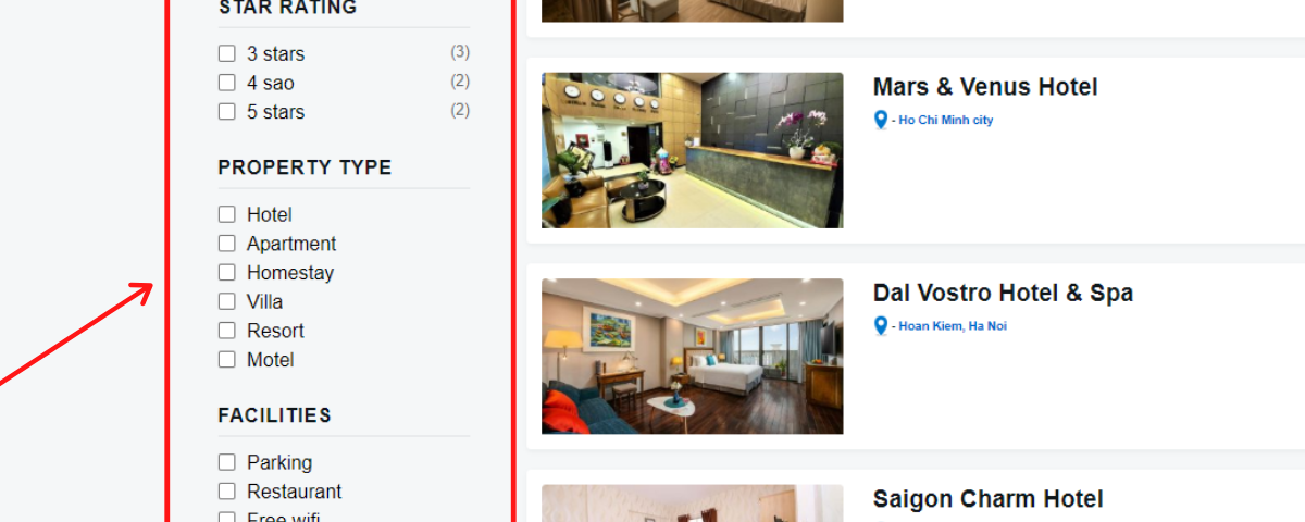 Filters in the sidebar on the Hotel archive page of the OTA website like booking.com