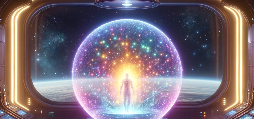 Captain Yip Yap dissolves into pixels within a Restorative Light Sphere aboard his Quantum Bus, against the backdrop of space, in a tribute to Richard Lewis.