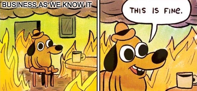 Meme of a dog sitting in a burning living room (business as we know it) pretending everything is fine