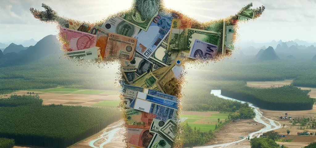 Artistic representation of ‘Dios Mio,’ depicting an ethereal figure composed of various global currencies. The semi-transparent entity stands dominantly over a landscape marred by environmental degradation, including deforested areas and polluted rivers. The stark contrast between the remnants of natural beauty and the encroaching urban sprawl emphasizes the impact of economic forces on the environment.