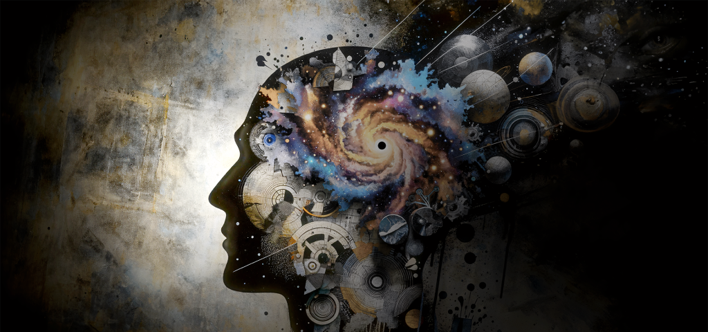 The digital artwork “Autistic Galaxy” presents a human profile merging with an image of outer space. The silhouette transitions into a detailed galaxy, highlighting a black hole at its center, surrounded by stars, planets, and clockwork elements. This scene is set against a muted background, with the galaxy’s blues and golds standing out. The title suggests a connection to the autism spectrum, possibly reflecting the intricate and expansive thought processes characteristic of autistic individual