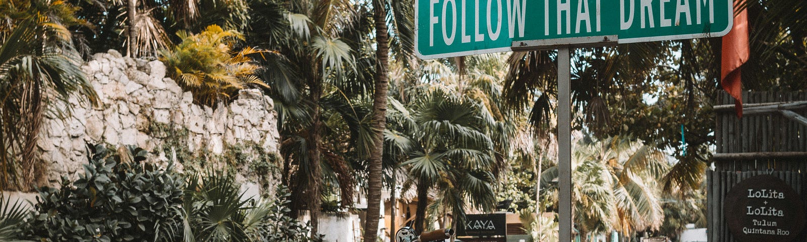 Bicycle surrounded by tropical plants next no a sign that says “Follow that dream.”