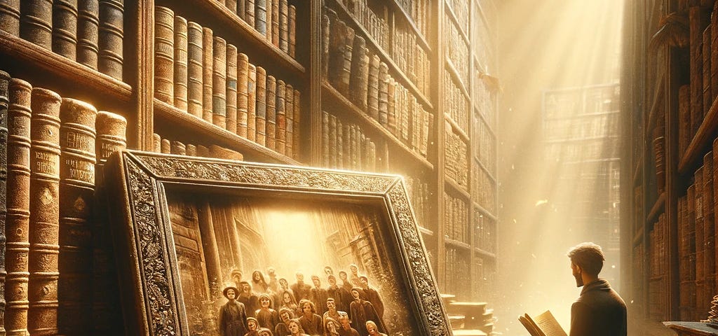 Discover a journey through time with this captivating image, where a figure unearths a sun-kissed, sepia-toned photograph among dusty shelves, bridging past and present through the power of memories.