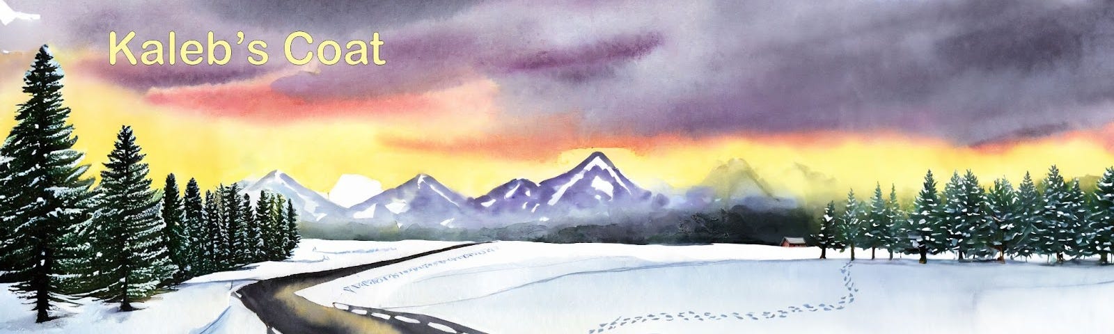 A watercolor of a lonely road running through a snow-covered plain. Footprints lead away into the forest.
