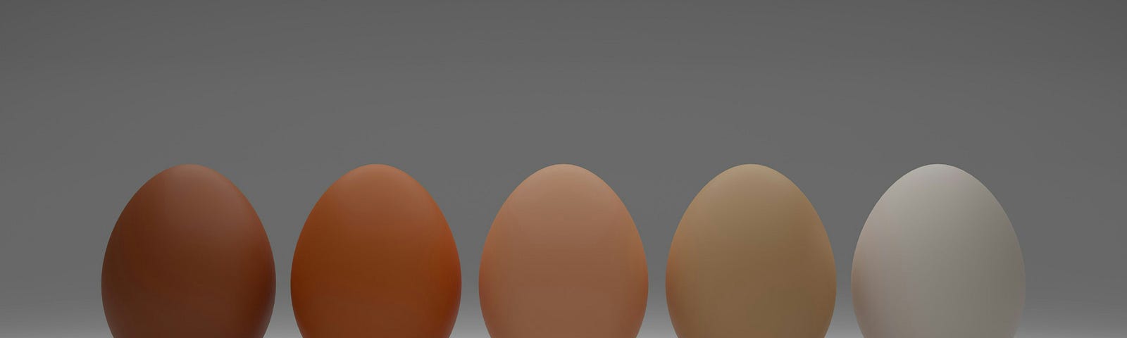 Five eggs sit upright against a grey background, their colours ranging from dark tan on the left to stark white on the right.