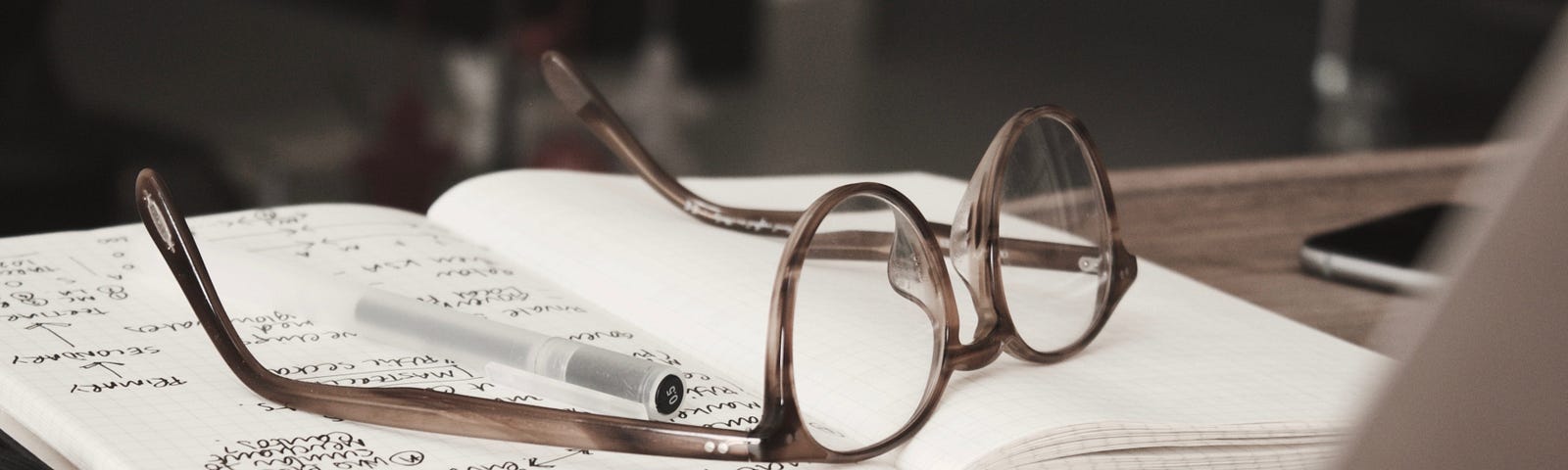 Photo of a small notebook with glasses and a pen rested on top of its open pages. There is an open laptop in front of it.