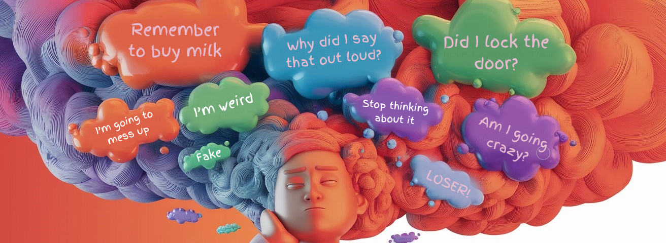 A person is depicted in a relaxed, contemplative pose, with a neutral expression. A swirling cloud of colorful thought bubbles surrounds the person’s head. Each bubble represents a different thought, idea, or feeling and contains intrusive thoughts — Remember to buy milk; Why did I say that our loud; Did I lock the door; I’m going to mess up; I’m weird; Fake; Stop thinking about it; Am I going crazy; Loser!