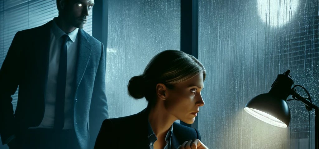 Tense moment in an office, woman reads shocking email as colleague enters, rain on window adds to the suspenseful atmosphere.