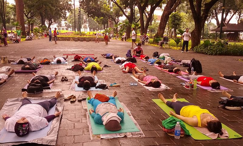 A group performing corpse pose in a park.