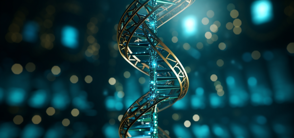 A DNA helix intertwined with a circuit board, symbolizing the combination of AI and genomics