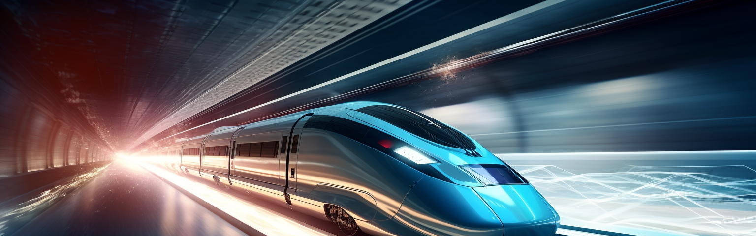 Midjourney generated image of a high-speed train hurtling through tunnel, sense of speed