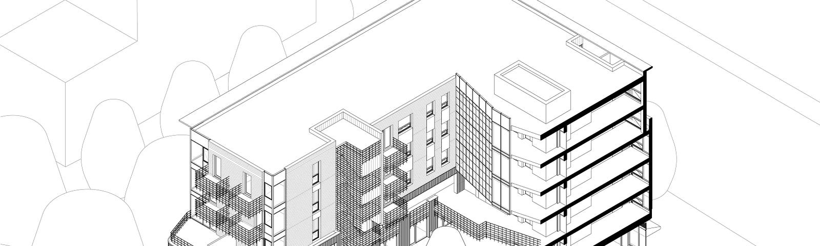 Cutaway of a multi-unit residential building with annotation of the social syntax Human Studio has developed