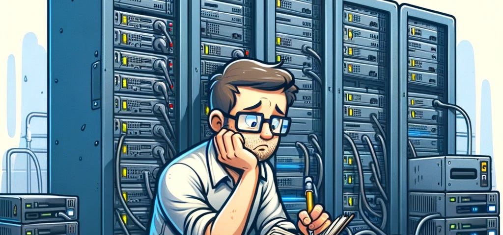 Illustration of a focused man with glasses, surrounded by servers and cables, diligently jotting down notes amidst scattered tech tools and a laptop. Artwork generated by Mark R. Havens.
