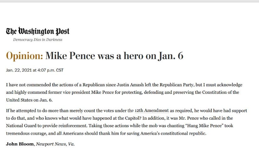 Wahington Post on Pence for actions on Jan 6th