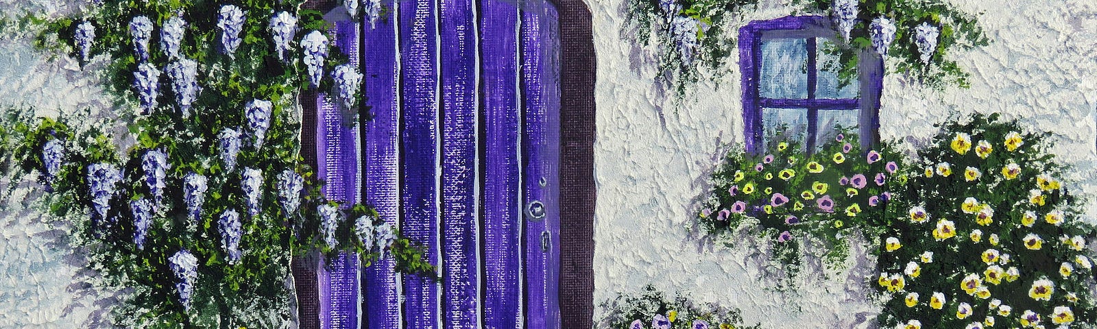 purple door, purple flowers