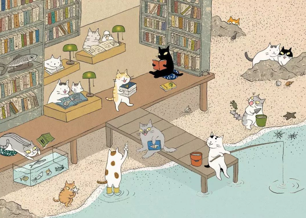 illustration of a library that is at the endge of the water. All the patrons are cats. Some are reading, some are fishing, some are at desks, some are trying to sneak up on a hermit crab.