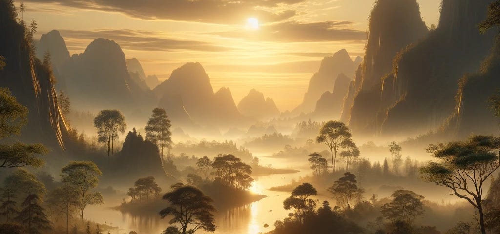 Serene dawn landscape with a river, ancient mountains, and a forest in soft golden light, capturing nature’s tranquil beauty at daybreak.