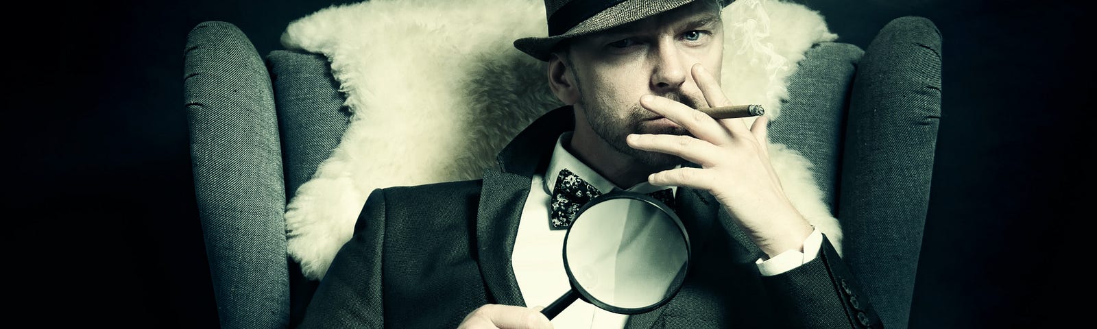 Man in fedora hat holding magnifying glass, sitting in chair, smoking cigar