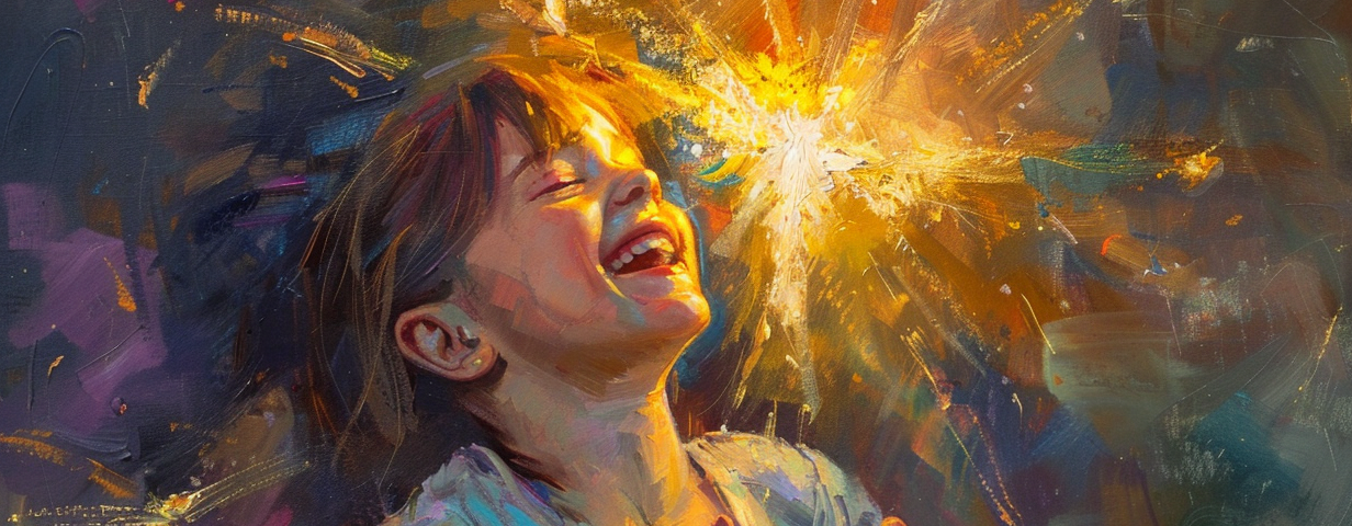 A laughing little girl accompanied by a friend who appears as a burst of light