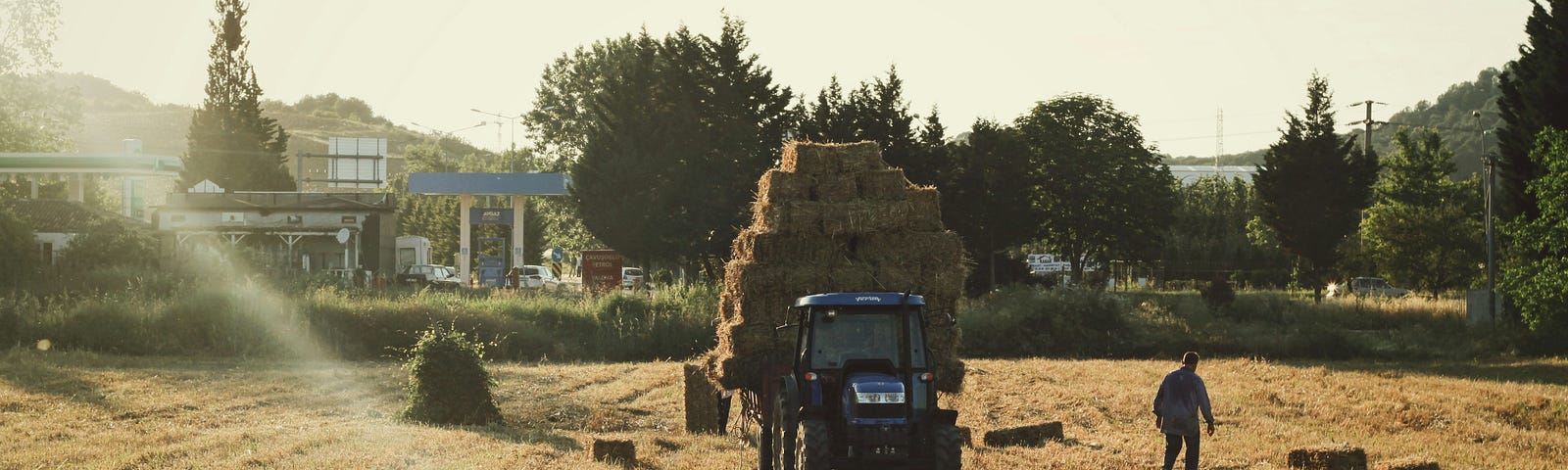 Field of hay being bailed and stacked.