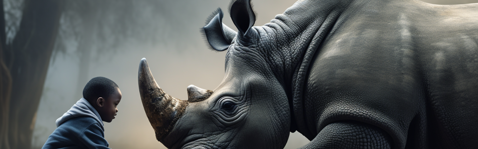 Midjourney generated image of gray rhino feeling empathy for human