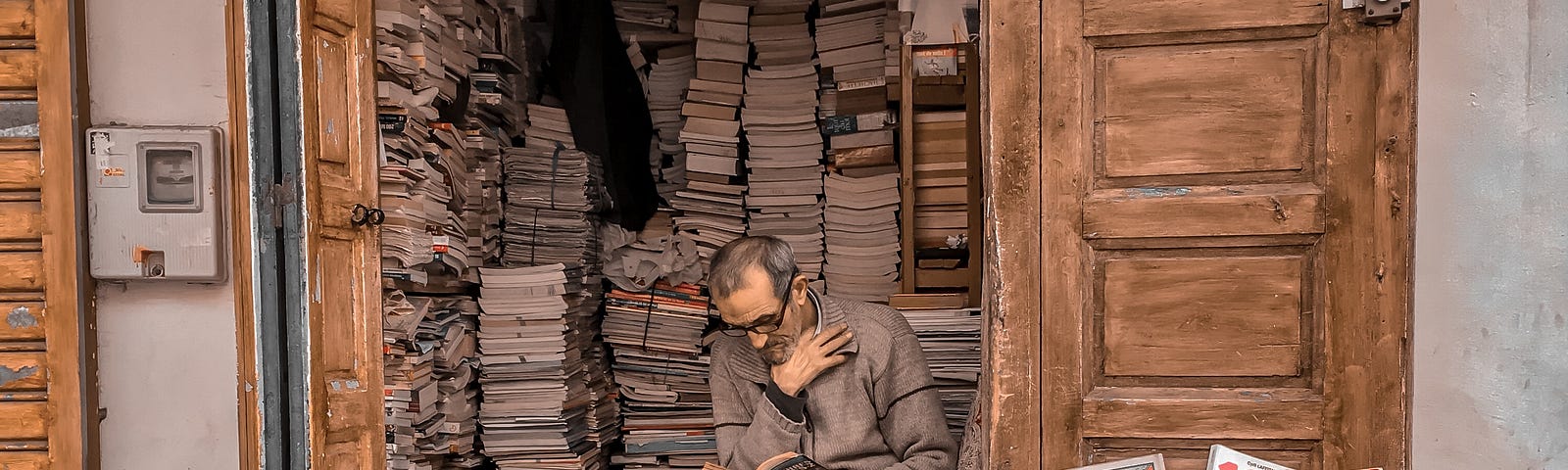 Man reading a book surrounded by books