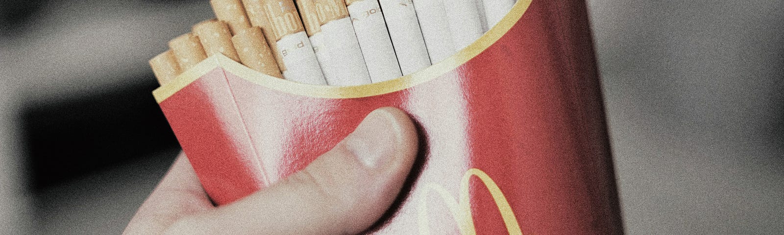 Hand holds a McDonald’s package, but the fries have been replaced with cigarettes. Not smoking can reduce stroke risk.