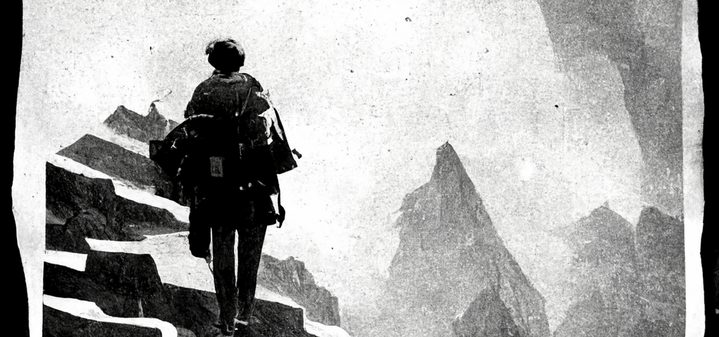 Climbing a word mountain dramatic black and white mountaineering photo with a grainy angular style