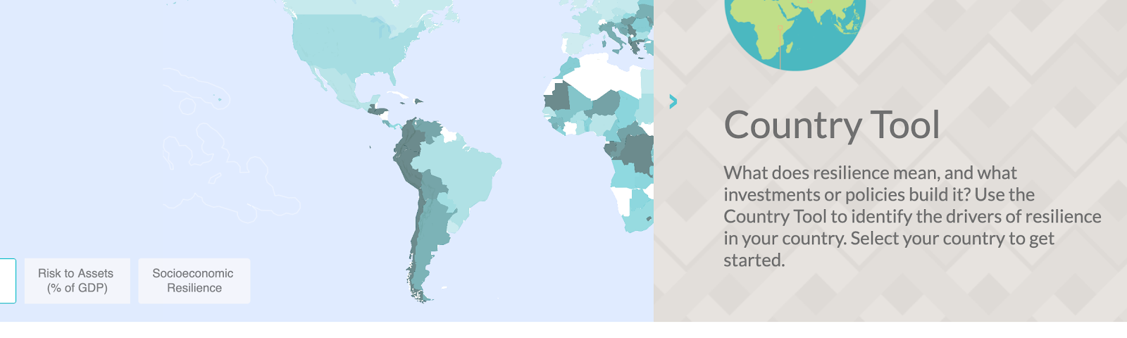 Landing page image of the World Bank country tool showing losses to assets, socioeconomic resilience and well being.