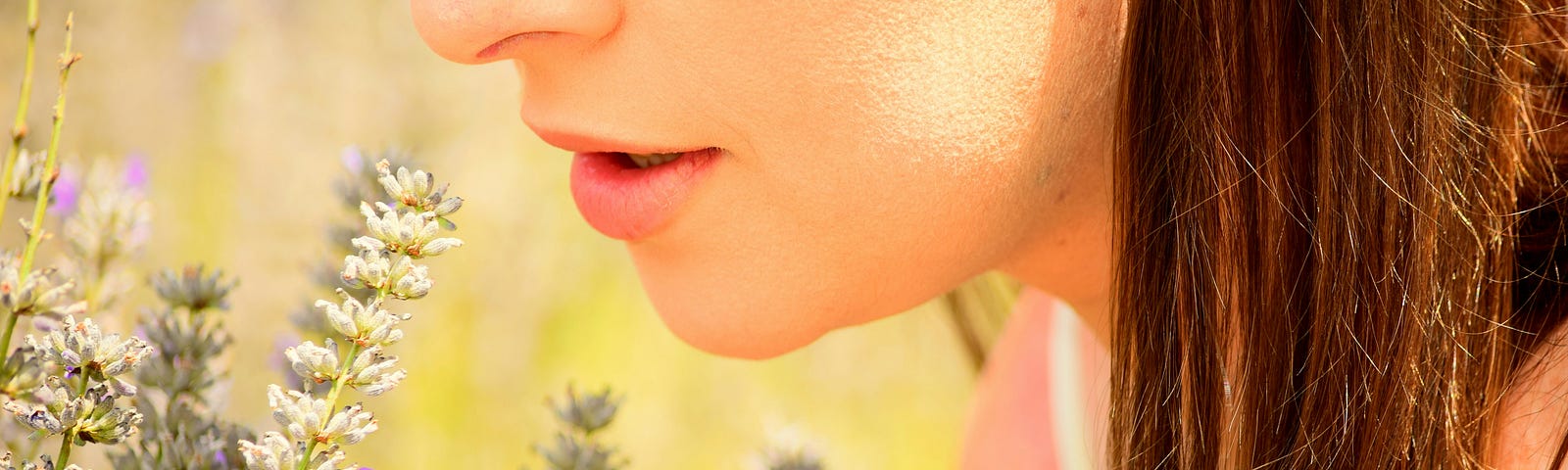 Woman breathing in fragrance of flowers