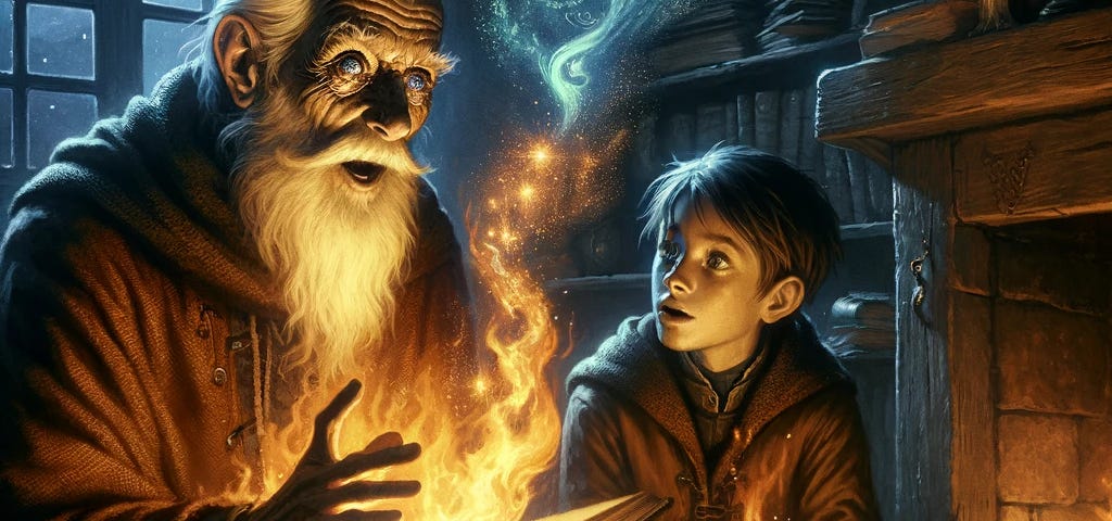Discover the magic within your DNA with this stunning mythic fantasy illustration of a grandparent revealing a secret lineage to a grandchild by the fireside.