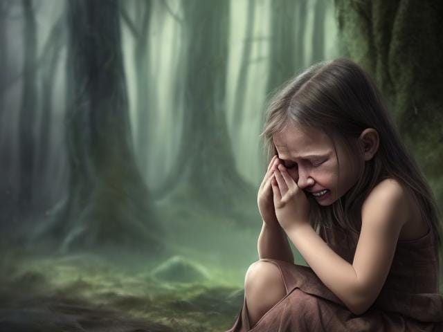 little girl crying in a forest