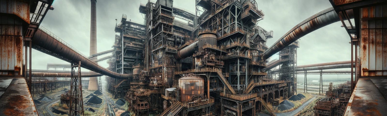 ChatGPT & DALL-E generated panoramic image of an abandoned and rusting coal generation plant, capturing the essence of decay and the encroachment of nature on the once-operational facility.