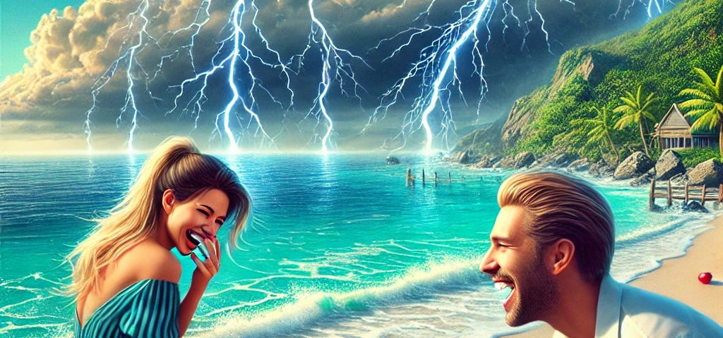 A couple meets by the azure shore with hearts racing and a storm brewing in the background, capturing a romantic and intense moment.