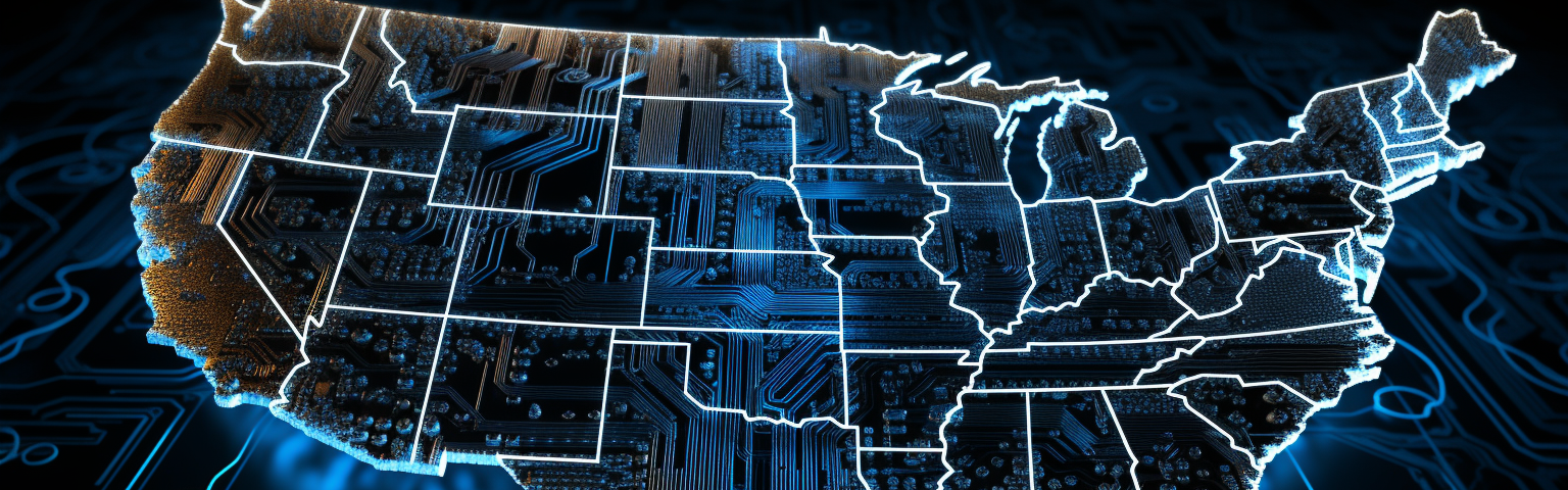 Midjourney generated image of map of United States covered with electronic circuitry and sparks