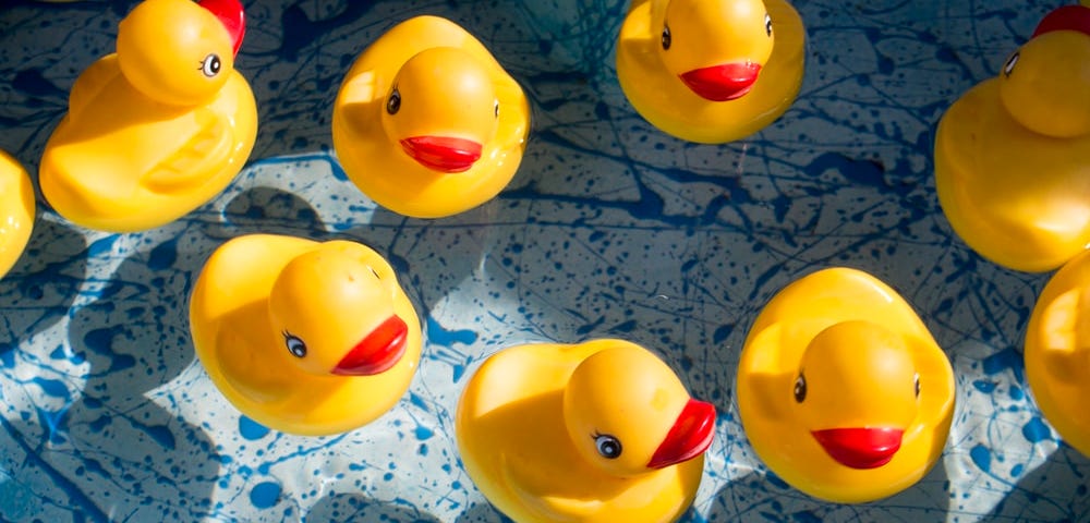 Yellow rubber ducks on a tub of water with a blue and white bottom in the background