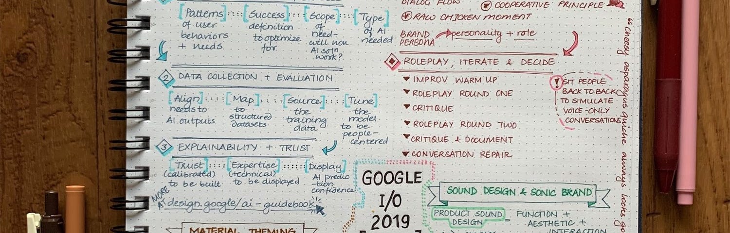 Sketchnote on 4 design talks from Google I/O 2019