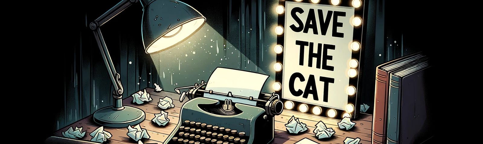 A dimly lit vintage writing desk adorned with a classic typewriter, surrounded by crumpled paper, sits in front of a luminous sign that reads ‘Save the Cat!’, symbolizing the transformative journey of storytelling. Artwork generated by Mark R. Havens.